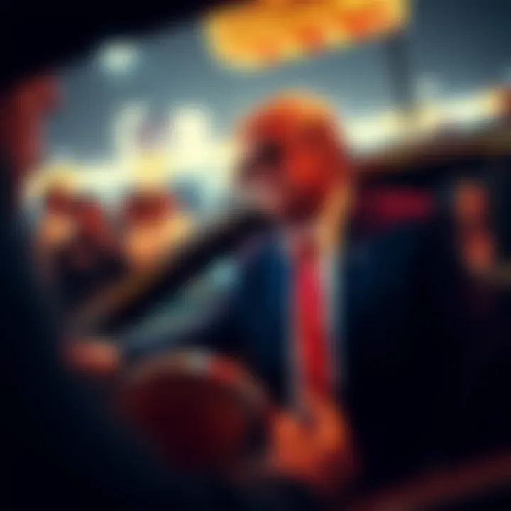 A crypto enthusiast arrives at a Trump dinner event in a shiny new car, attracting attention from the crowd.