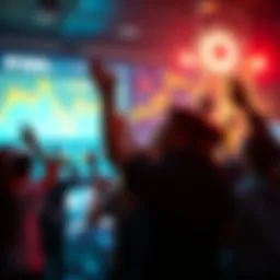 A group of young adults cheering in front of a large screen displaying rising cryptocurrency prices, symbolizing the call of greed in 2025.