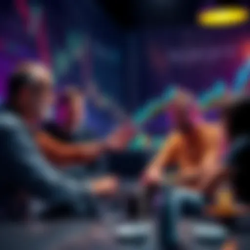 A group of people discussing their proud cryptocurrency moments in a casual setting with charts and graphs in the background.