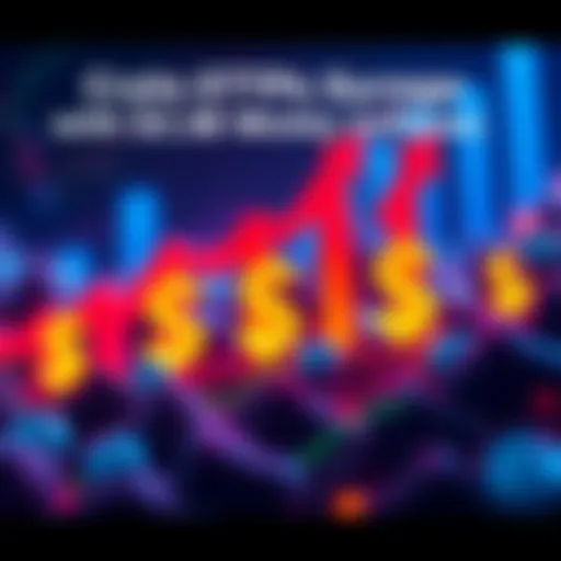 A graphic showing a rise in cryptocurrency exchange-traded products with large dollar signs and upward arrows to represent the influx of investments.