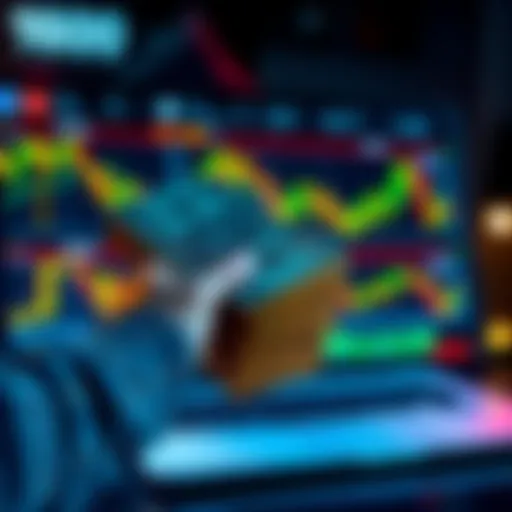 A person holding a stack of cash with a laptop displaying cryptocurrency charts in the background