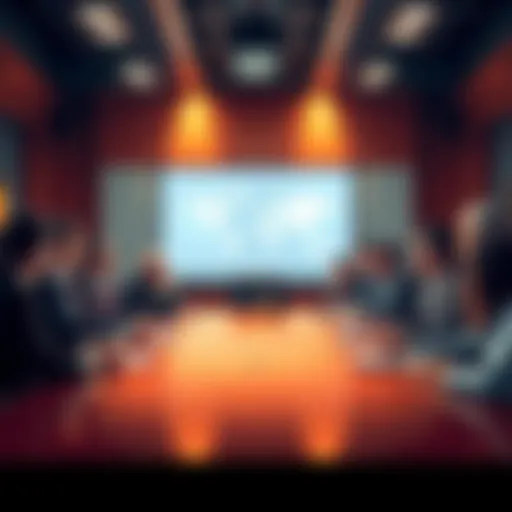 A group of people in business attire discussing regulations and DAOs at a conference table.