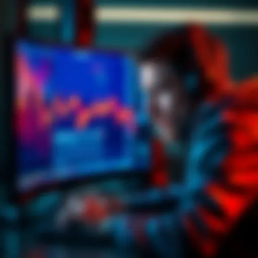 A distressed crypto influencer looking at a computer screen displaying Bitcoin prices in free fall, symbolizing a significant financial loss.