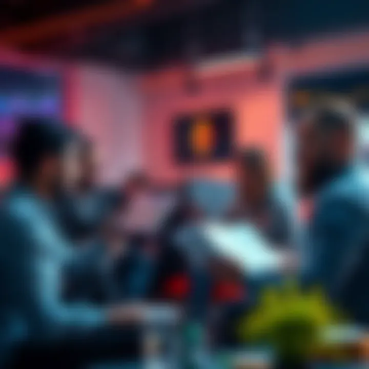 A group of people discussing cryptocurrency investment options, with focus on Bitcoin and Ethereum, holding charts and graphs in a casual setting.