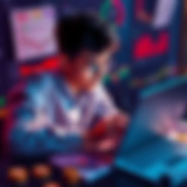 A young person analyzing cryptocurrency charts on a laptop, surrounded by coins and financial documents, illustrating a beginner's guide to crypto investing.
