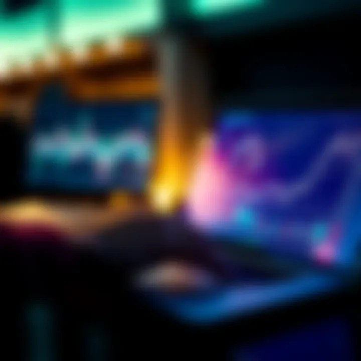 A person analyzing cryptocurrency options on a laptop with graphs and charts on the screen, representing dual investments in the UK market.