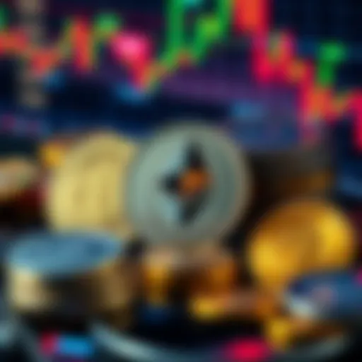 A visual representation of various cryptocurrencies with a focus on Ethereum, showing coins and price charts