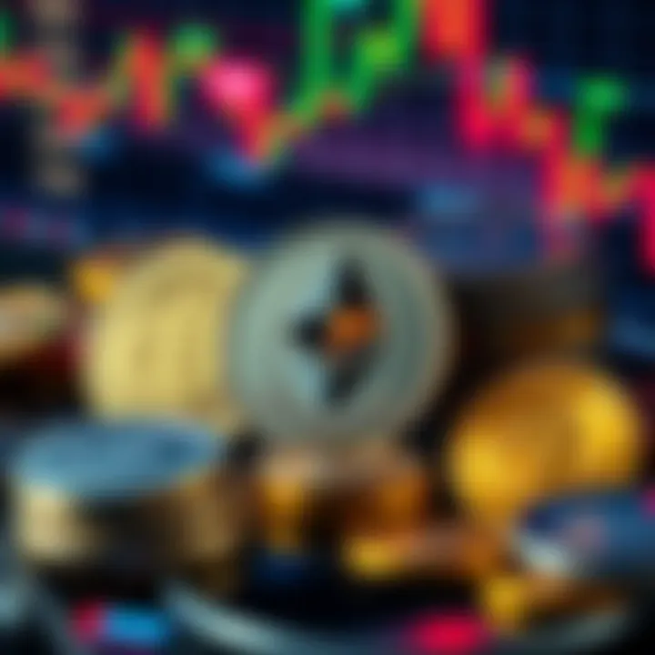 A visual representation of various cryptocurrencies with a focus on Ethereum, showing coins and price charts