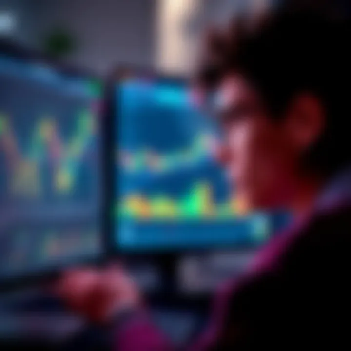 A person looking at cryptocurrency charts on a computer screen, deep in thought about investing.