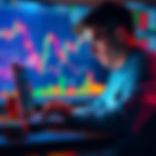 A person analyzing cryptocurrency data on a laptop with charts and coins in the background.
