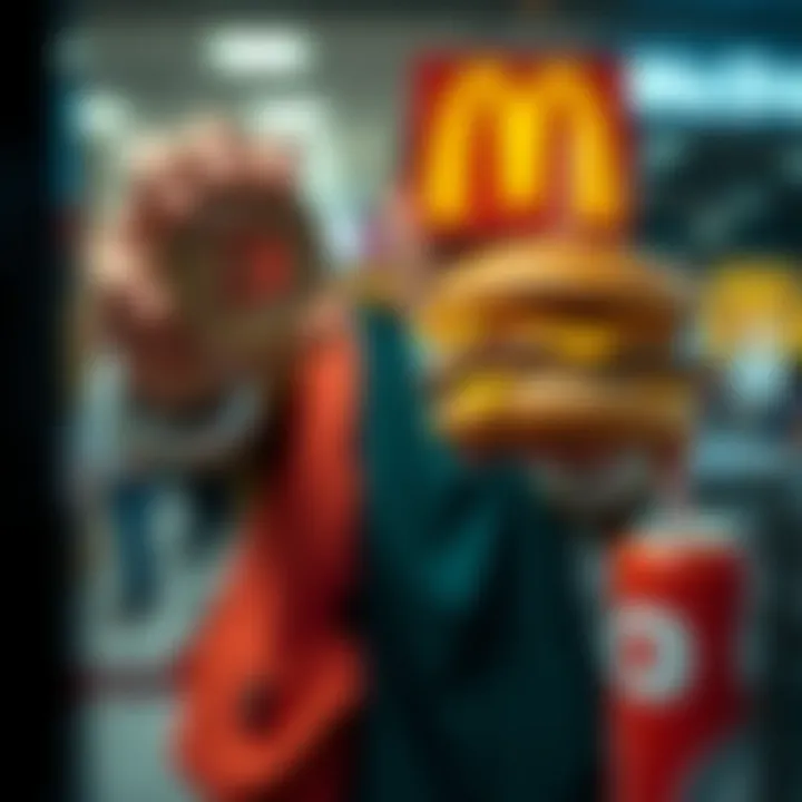 A person holding a cryptocurrency coin in one hand and a fast-food burger in the other, symbolizing the choice between investing in digital assets and working in fast food.
