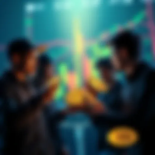 A group of cryptocurrency investors looking at rising market charts while holding digital coins, reflecting their decision to keep their investments