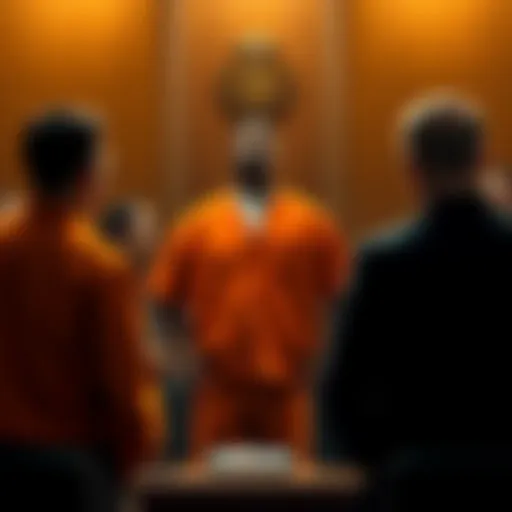 A courtroom scene showing a man in an orange jumpsuit pleading guilty, with lawyers and a judge present. Behind them are family members watching the proceedings.