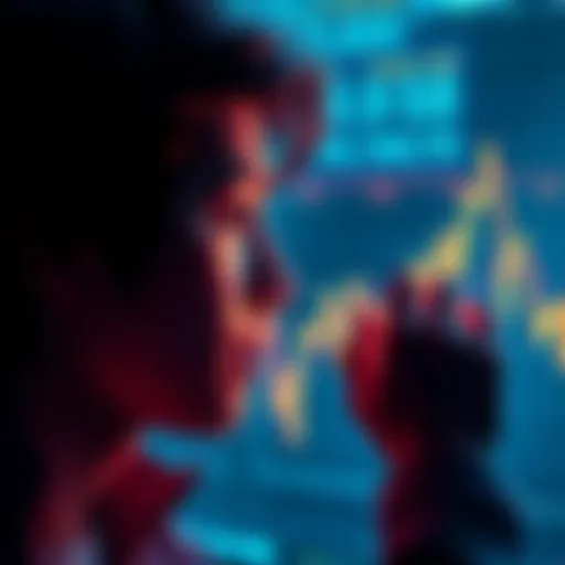 A person looking thoughtfully at a financial chart showing a decline in cryptocurrency value, symbolizing the emotional impact of losing money.