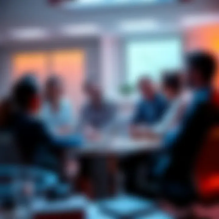 A group of people discussing crypto and traditional banking in a modern office setting, showing a shift towards big banks and the U.S. dollar.