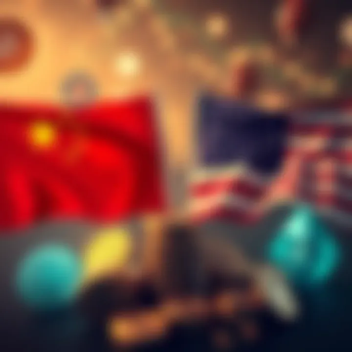 A visual representation of the rivalry in the cryptocurrency market, showing flags of China and the USA, with digital coins and blockchain symbols in the background.