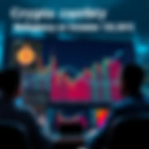 A graph showing a steep decline in cryptocurrency prices, with worried investors looking at their screens.