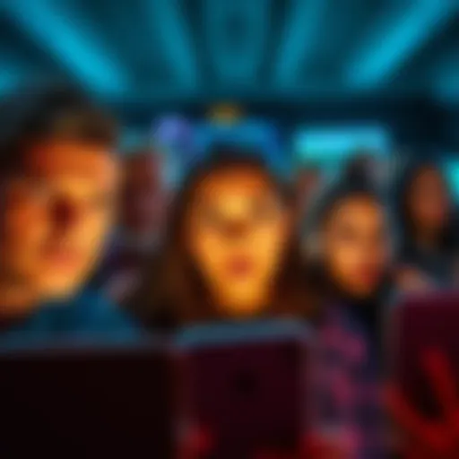 A group of diverse people looking at their devices with intense expressions as they monitor the fluctuating crypto market.
