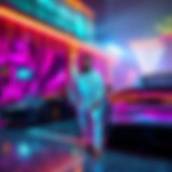 Crypto Millionaire Lifestyle A crypto millionaire poses next to luxury cars and a fancy party scene, showcasing wealth and success.