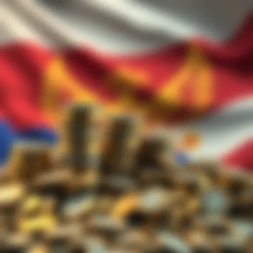A financial graphic showing a growing pile of coins with a backdrop of the Russian flag, symbolizing lost tax revenue from crypto mining.