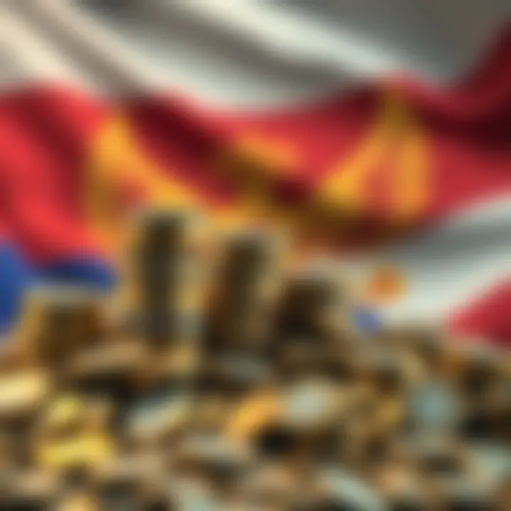 A financial graphic showing a growing pile of coins with a backdrop of the Russian flag, symbolizing lost tax revenue from crypto mining.