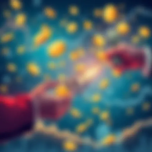 Illustration of money flowing in and out of cryptocurrency sales during a price surge, showing coins and cash exchanging hands