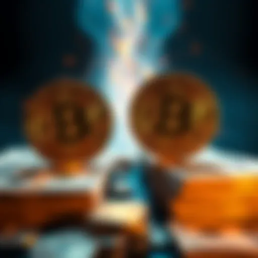 A graphic showing Bitcoin symbols opposing stacks of cash and government dollars, illustrating the conflict between cryptocurrency and money printing.
