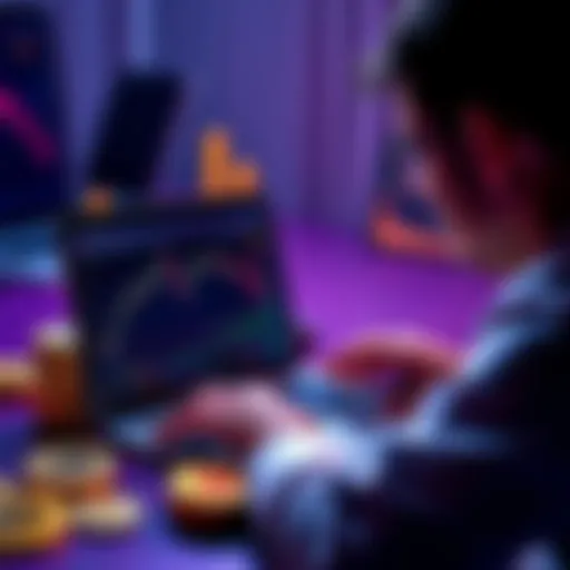 A person looking at cryptocurrency charts and calculating staking potential on a laptop with digital coins around them.