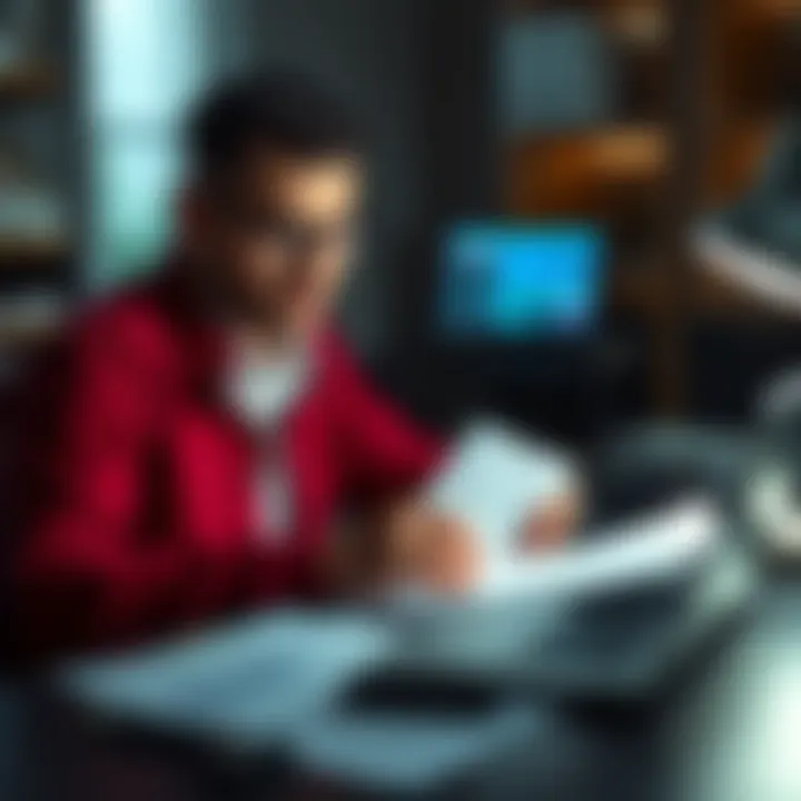 A person looks concerned while reviewing cryptocurrency records and tax documents at a desk, with a laptop open showing crypto accounts.