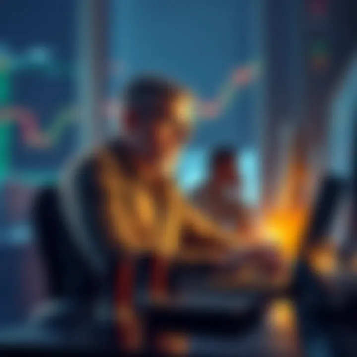 A seasoned crypto trader sitting at a desk, looking thoughtfully at charts on a laptop, showing signs of resilience after years in the market.