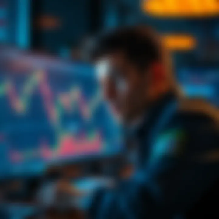 A focused trader observing crypto charts on a computer with a calm expression during market volatility