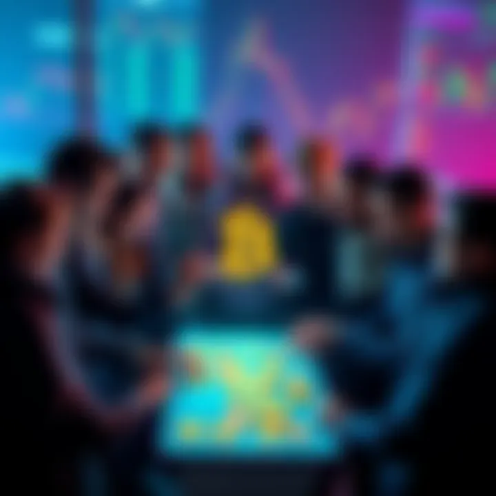 A diverse group of traders gathers around a digital tablet displaying various cryptocurrencies, symbolizing teamwork in the crypto market.