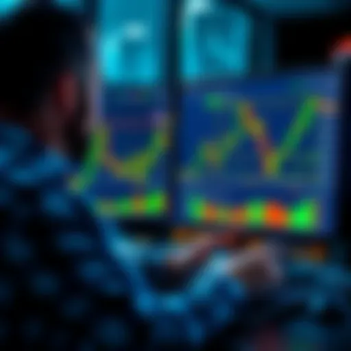 A trader analyzing cryptocurrency charts with a 2x leverage strategy on a computer screen, showing market trends and data analysis.