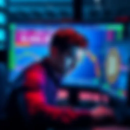 A trader looking frustrated at a computer screen displaying a crashing cryptocurrency market with liquidation statistics.