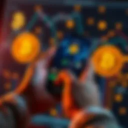 A person holding a smartphone displaying a crypto wallet app, with digital coins in the background representing different cryptocurrencies.