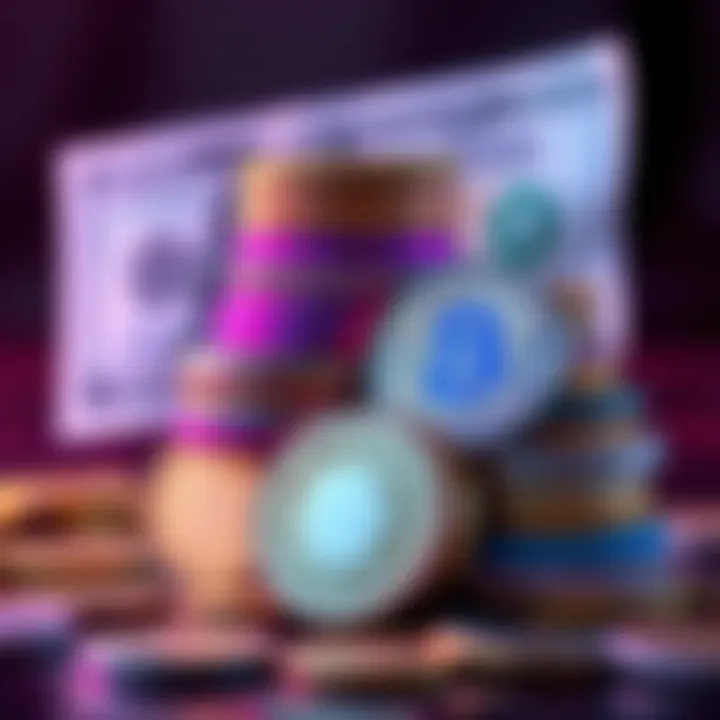 Various cryptocurrency coins stacked together with a $2000 bill in the background, representing investment choices.