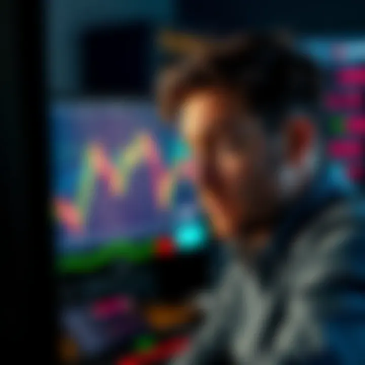 A person looking at a computer screen displaying rising cryptocurrency prices with a frustrated expression.