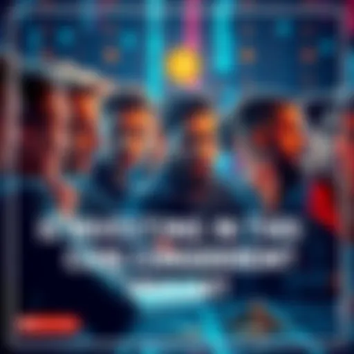A group of people discussing cryptocurrency investment with mixed expressions, showcasing concern and curiosity, on a digital-themed background.
