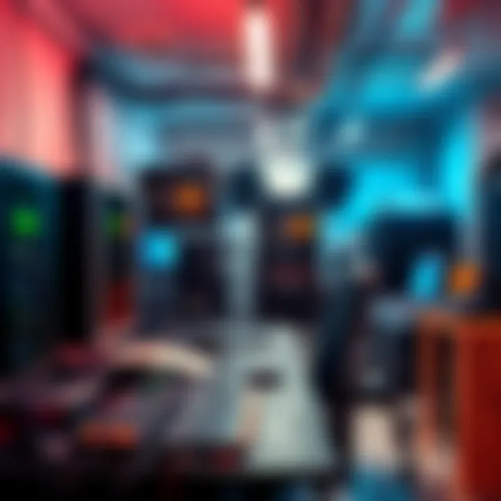 A commercial space with computers and mining equipment set up for cryptocurrency mining, showcasing electric utilities in use.