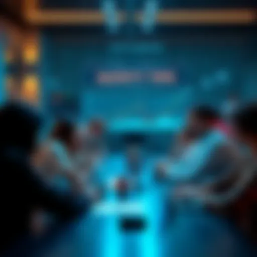 A group of people discussing cryptocurrency safety tips with charts and laptops on the table.