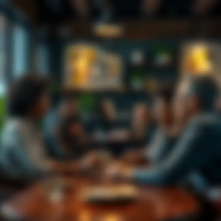 A group of diverse people engaged in deep conversation, sharing ideas and asking questions in a cozy cafe setting.