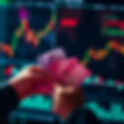 A person holding different currency notes while looking at a financial chart showing market trends.