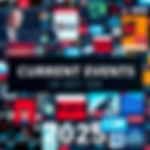 A collage of news headlines and icons representing various topics like technology, politics, and environment in 2025