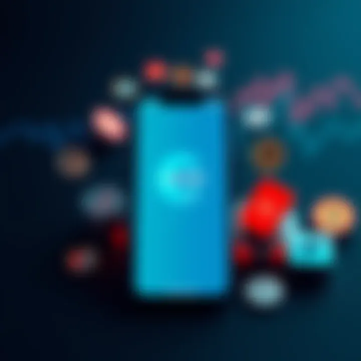 A smartphone screen displaying the Curve fintech app with finance icons around it