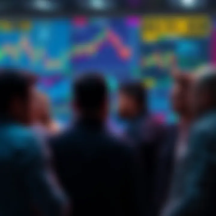 Group of people engaging in conversation about Ethereum with charts and news articles in the background