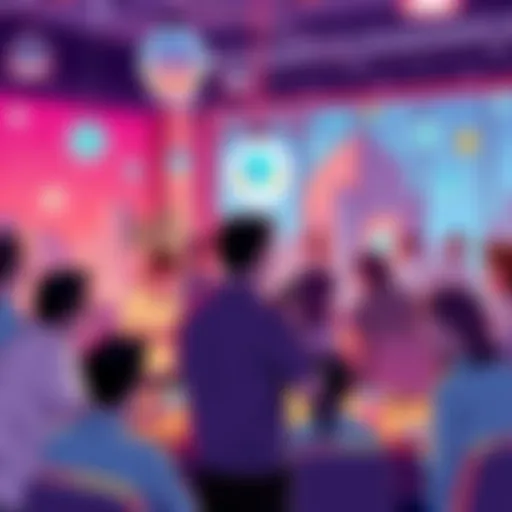A vibrant illustration of a community discussing VechainThor advancements, featuring people engaged in conversation and sharing ideas, with blockchain graphics in the background.
