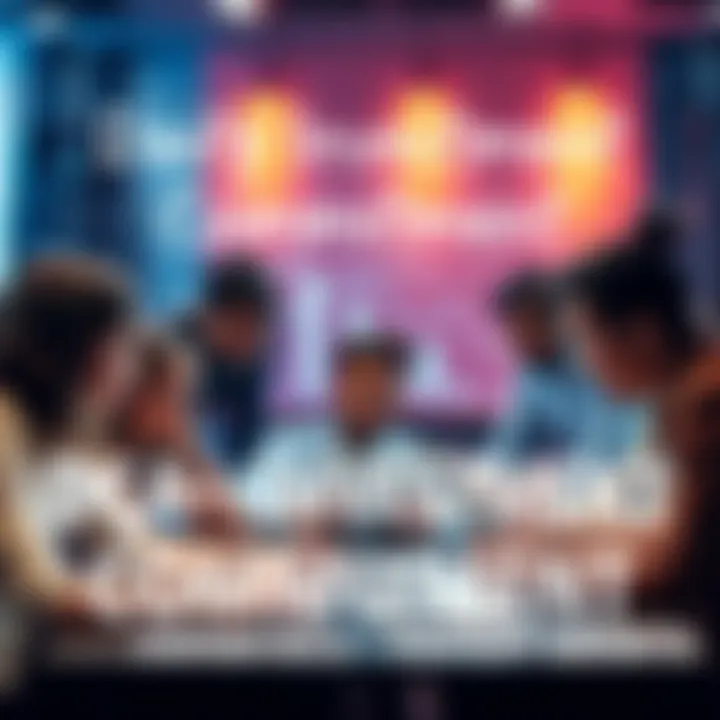 Daily Investment Commitment A diverse group of people gathering around laptops and charts, focused on investing money consistently, embodying teamwork and commitment to financial growth.