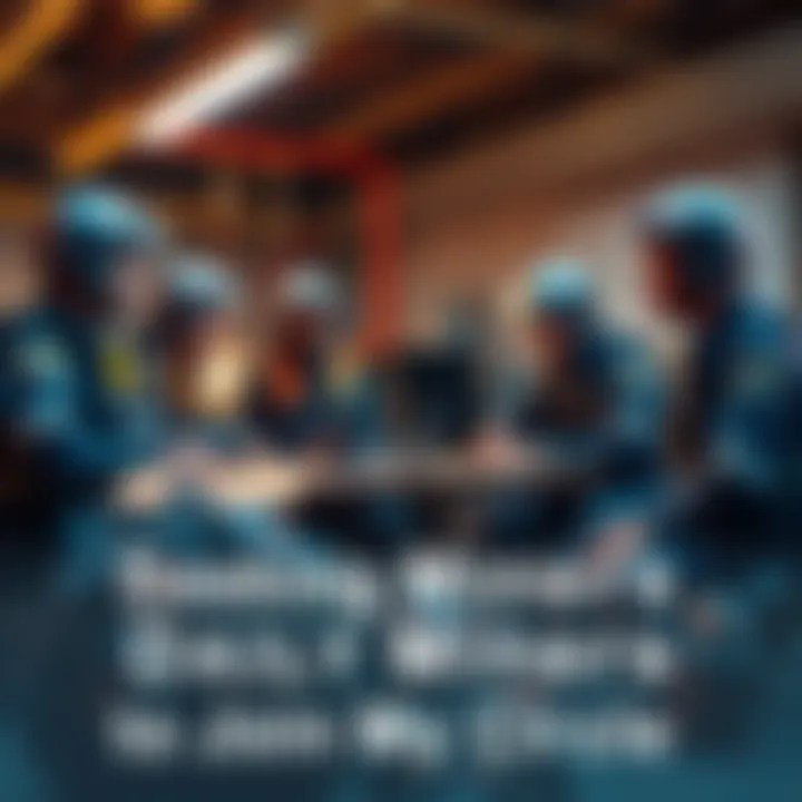 A diverse group of miners discussing plans for building a reliable network in a friendly setting
