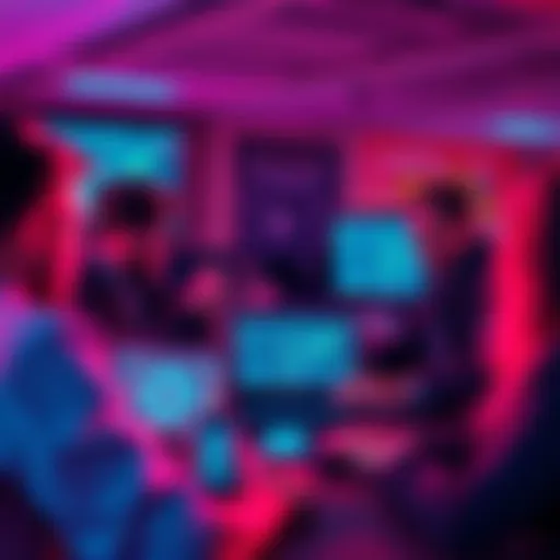 A group of people discussing crypto wallet technology with laptops and digital screens, focusing on community solutions for decentralization.