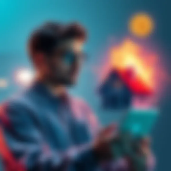 A man contemplating depositing a large sum of money in a digital banking app while looking at a house model and a cryptocurrency symbol.